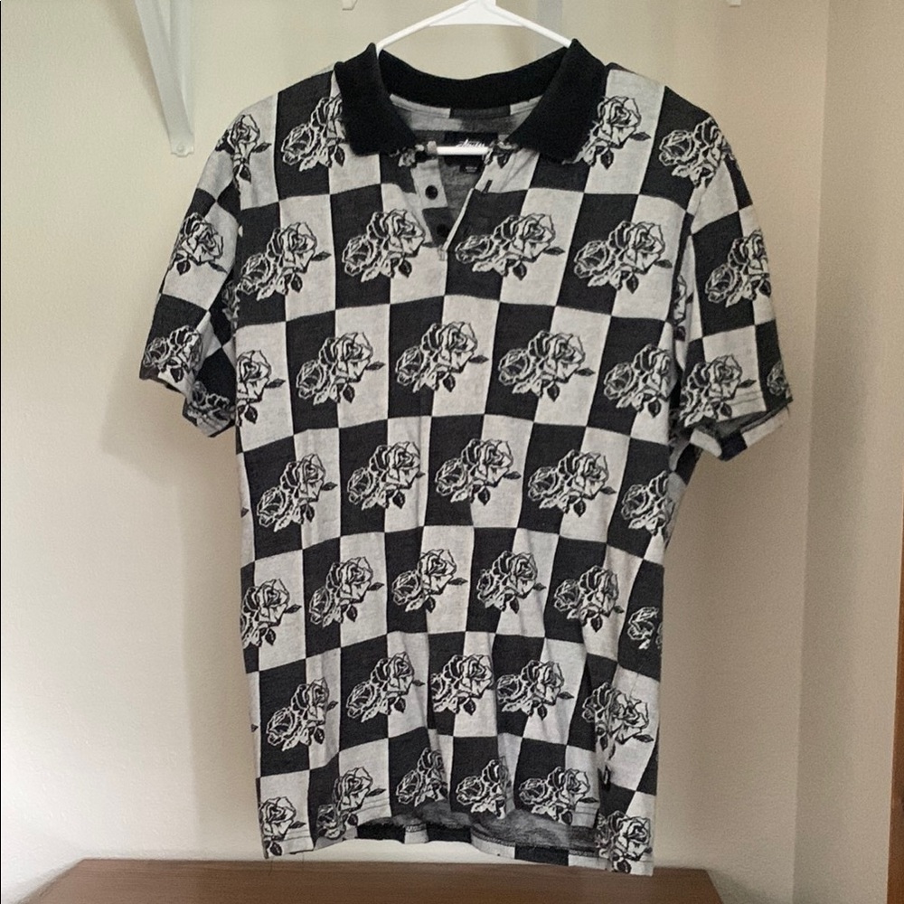 Stussy Black and White Rose Checkered Shirt